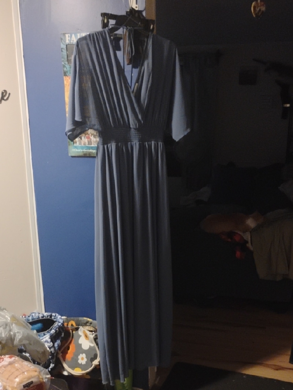 Elegant Dusty Blue V-Neck Maxi Dress with Smocked Waist